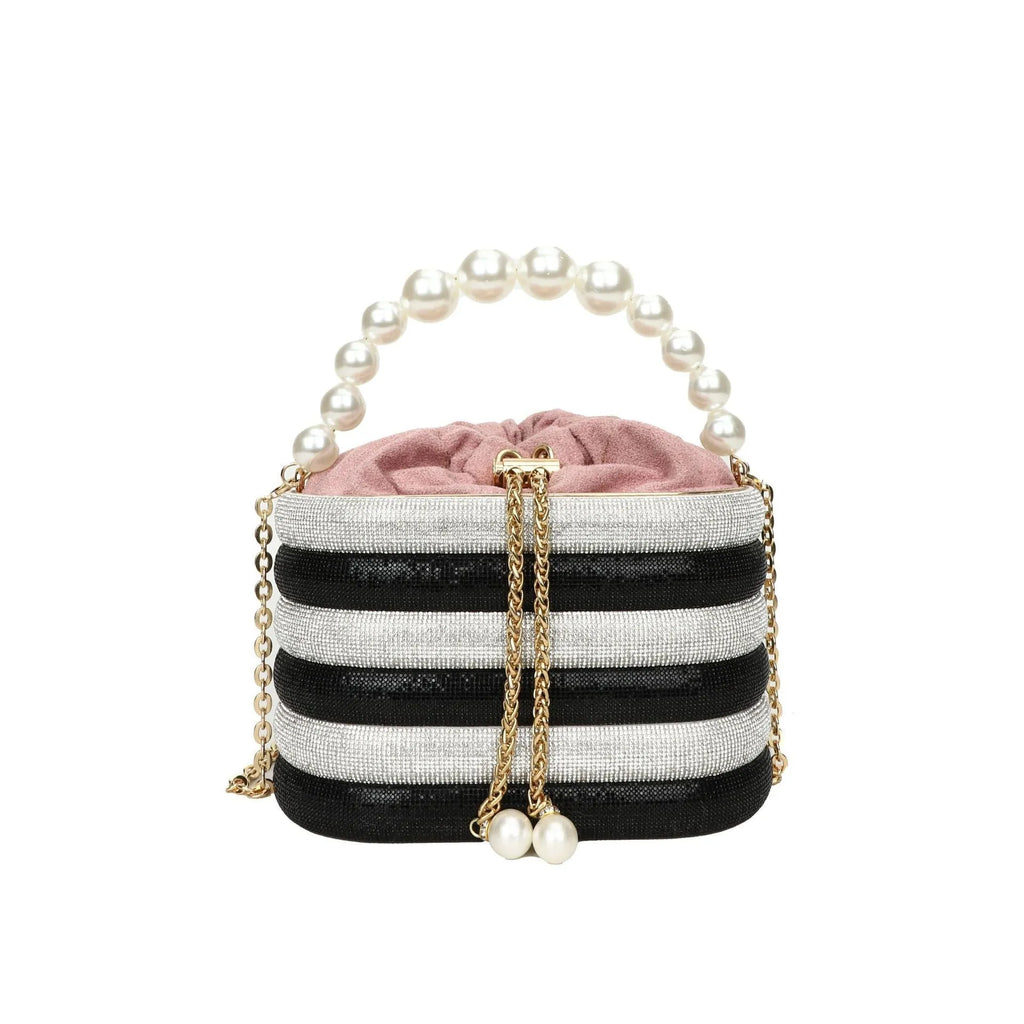 Soft round retro-style women's crossbody bag with bead details in gold colour.