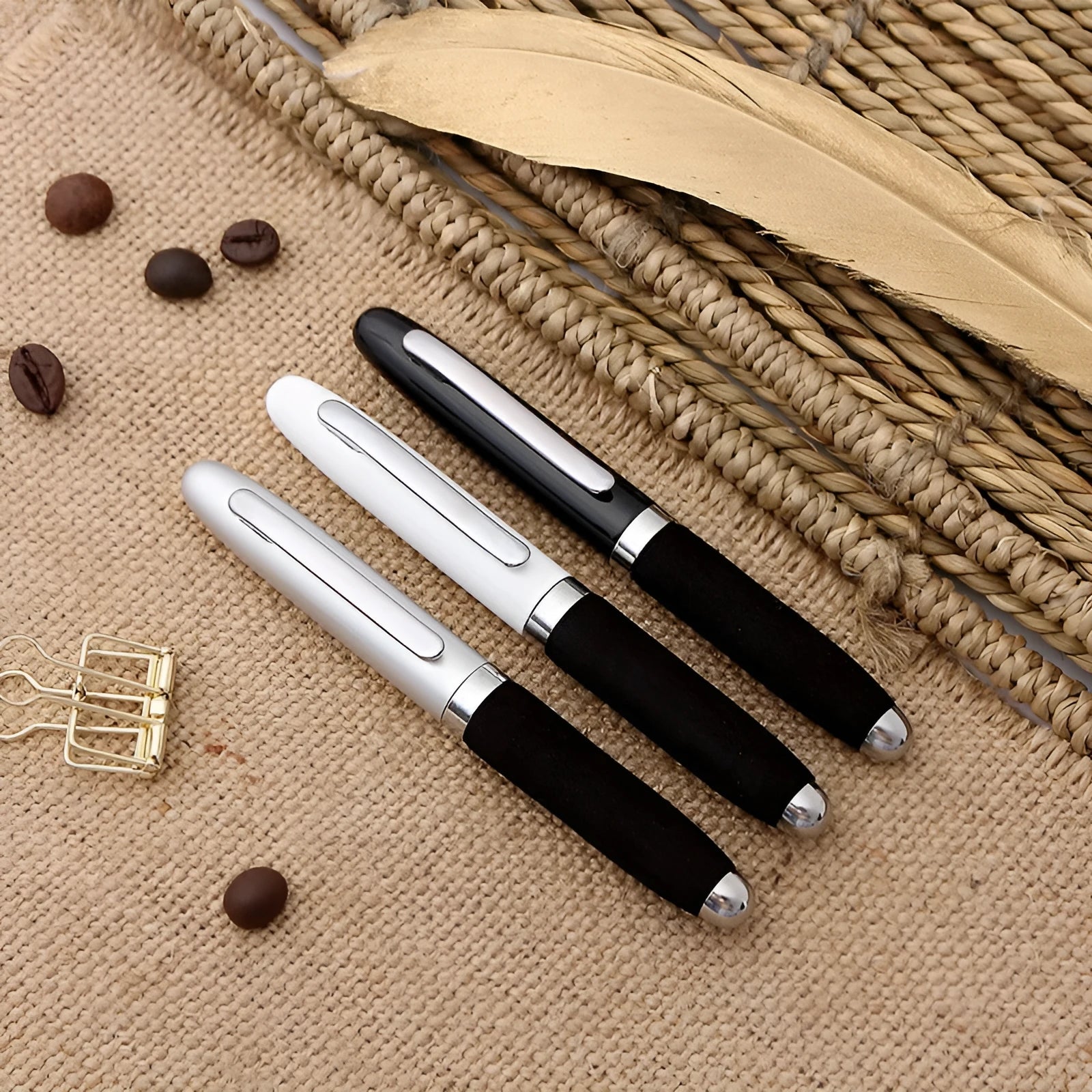 Metal-capped ballpoint pen with 1.0mm bullet tip shown in multiple ink colour options.