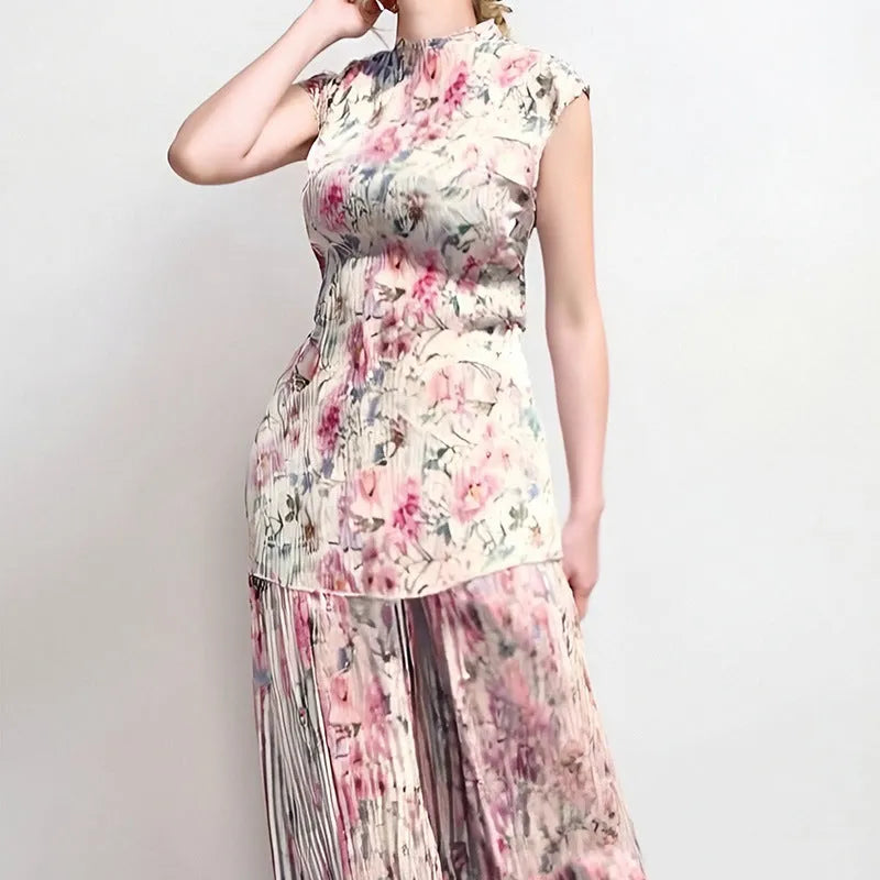 Women's long sleeve printed chiffon two-piece dress with floral pattern and high-waist skirt.