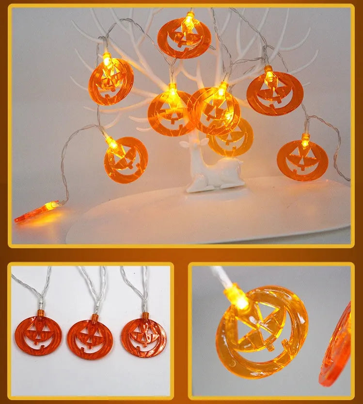 Halloween LED string lights with bat, pumpkin, ghost and spider pendants on a 1.2 metre wire