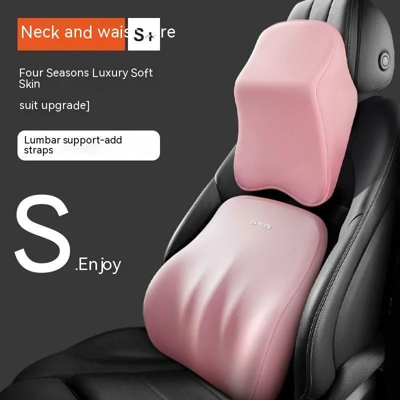 Memory foam automotive headrest pillow and lumbar support pillow set shown in one of four solid colour options.