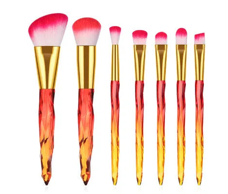 10 crystal handle foundation brushes showing black, blue, red, and yellow colours with 17.5cm length