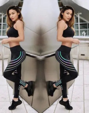 Women's milk silk workout leggings with glow print pattern in black and white colours