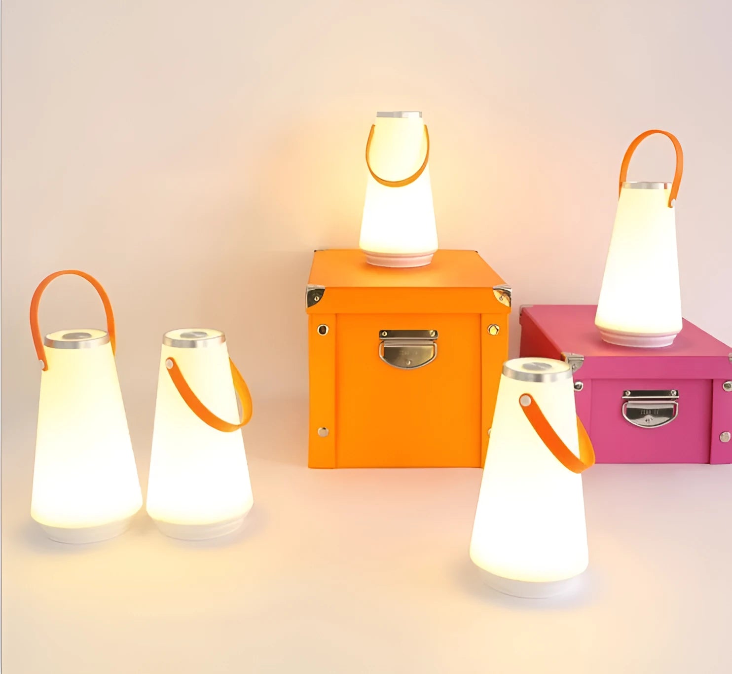 White rechargeable bedside table lamp with USB charging cable and touch control for adjustable brightness