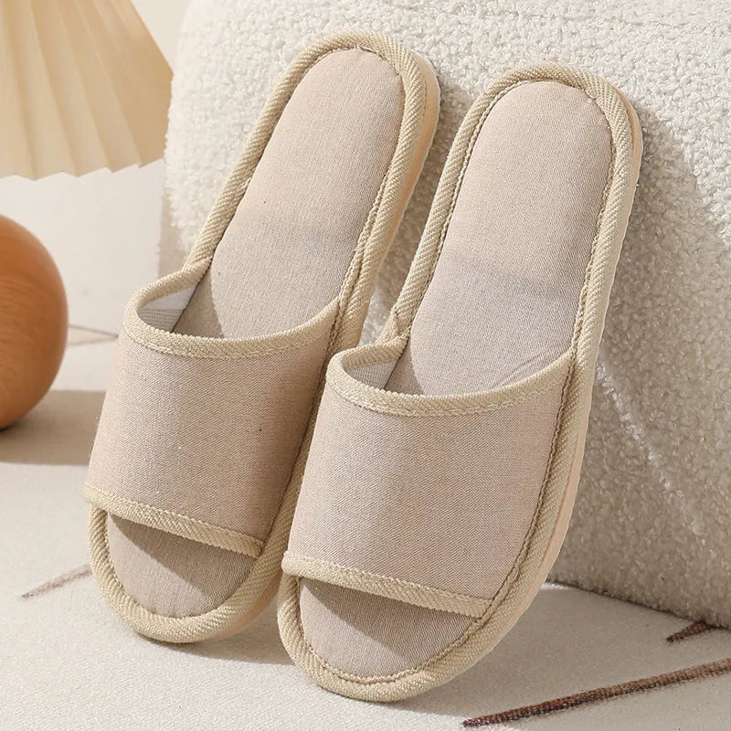 Women's linen open toe slippers in dark coffee and light brown with thickened sole