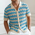 Short sleeve viscose jacquard sweater in yellow, blue, or brown with corrugated pattern
