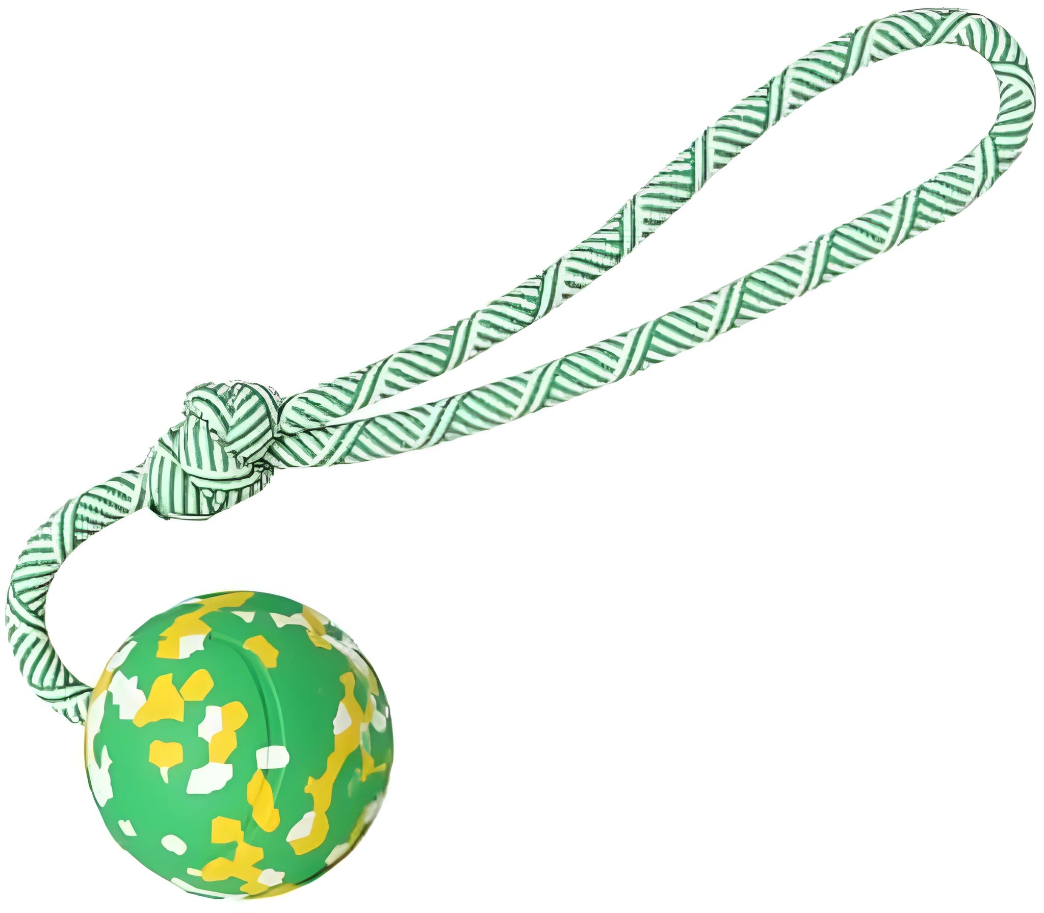 Natural rubber dog ball attached to a nylon rope for interactive fetch and tug-of-war play.