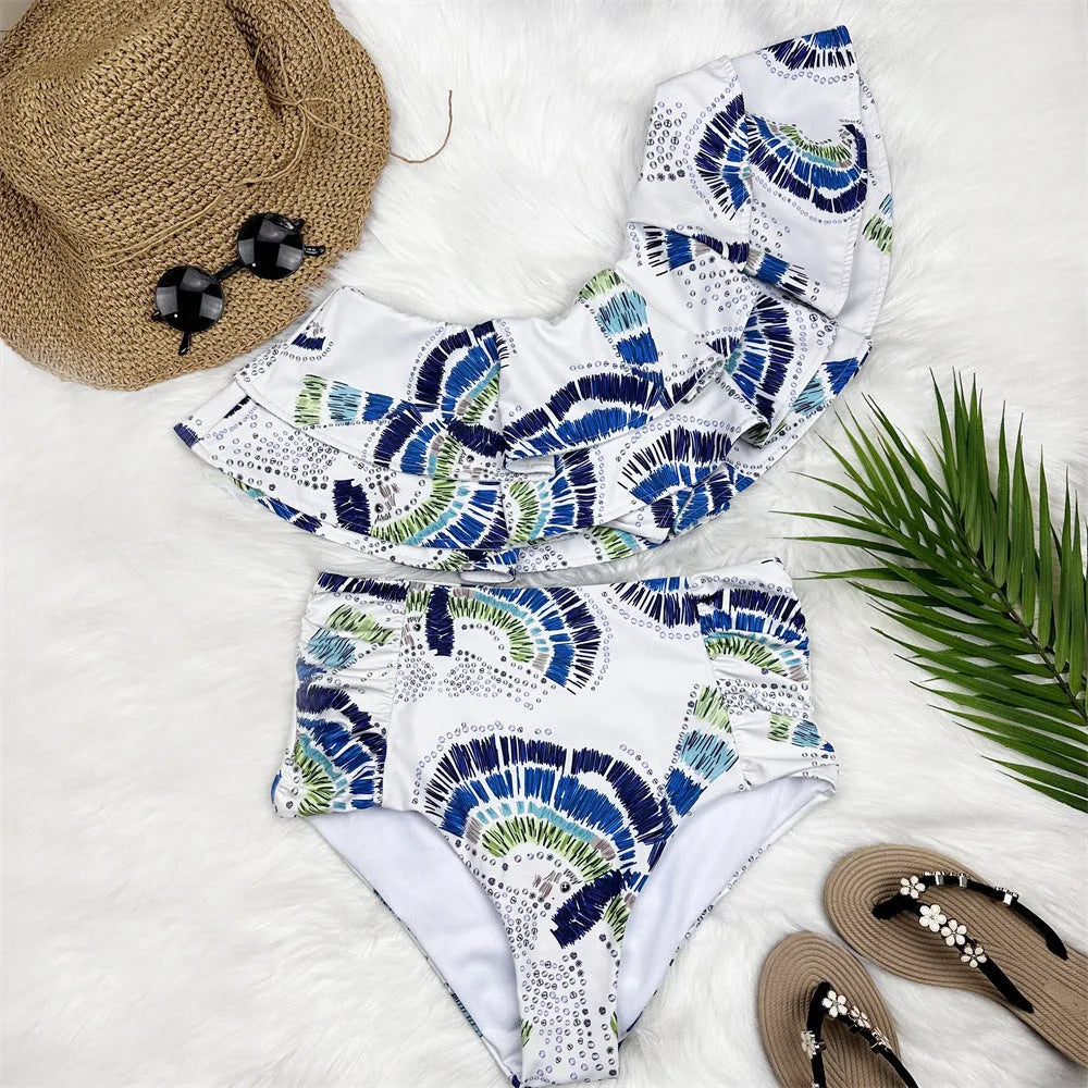 White women's one-shoulder swimsuit with double-layer skirt showing side split design