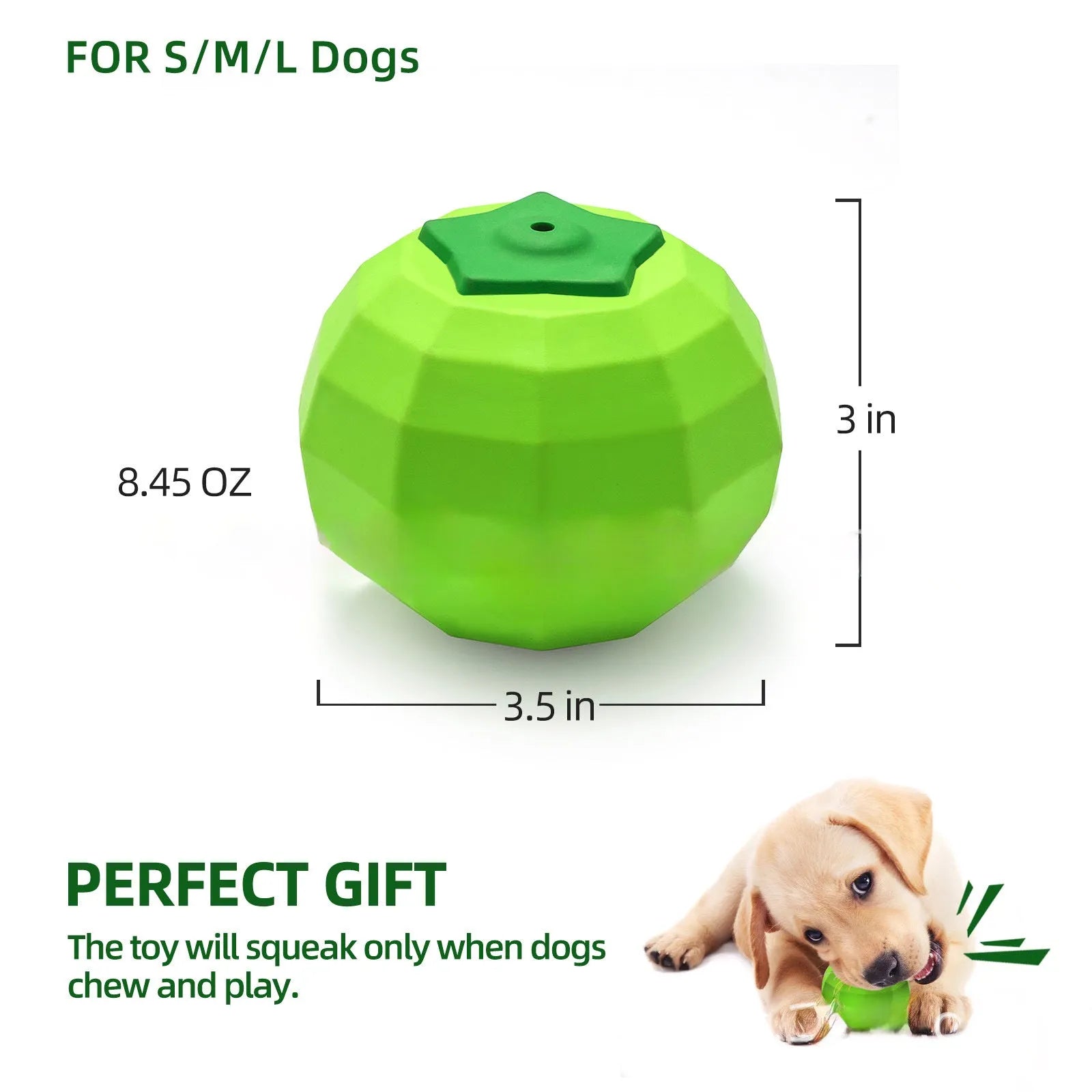 Green natural rubber dog squeaky toy ball for aggressive chewers with beef flavour