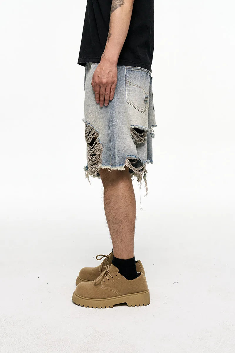 Light blue retro washed denim shorts for men with baggy wide-leg cut and mid-waist design