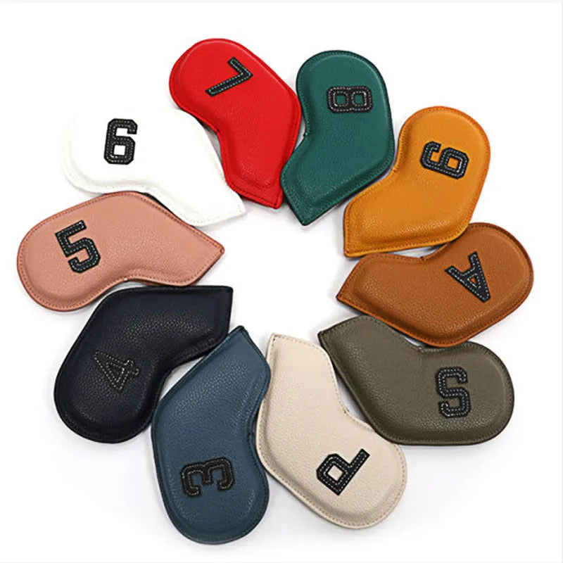 Set of 10 digital printed golf club head covers in assorted colours for bag protection
