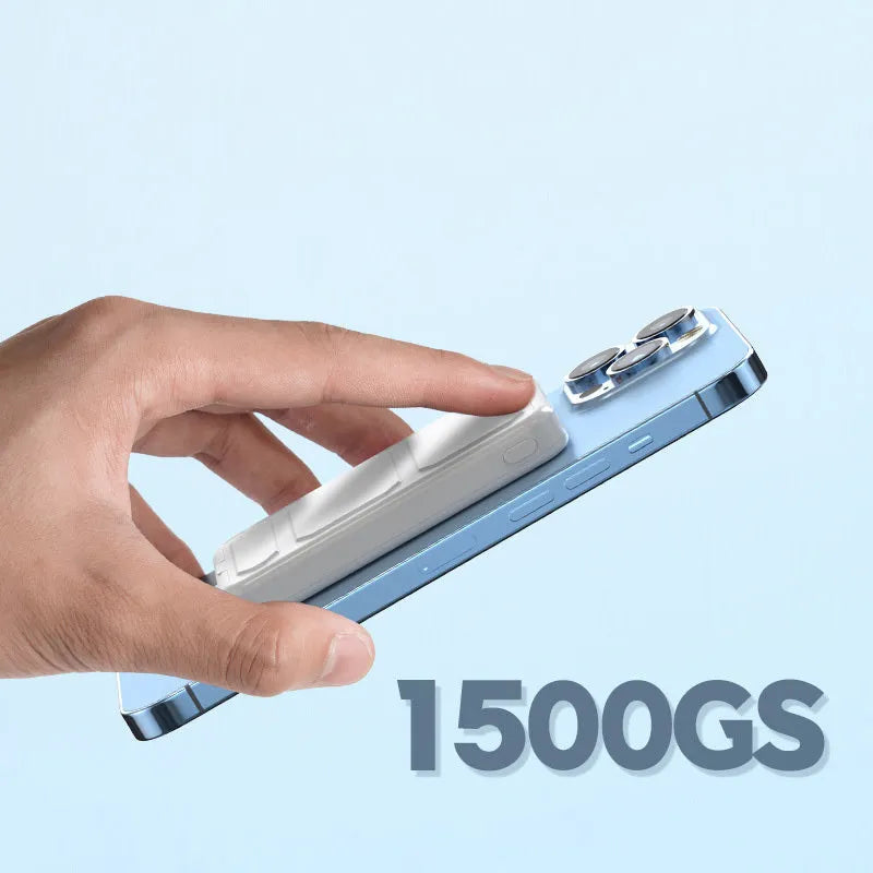 Magnetic wireless charging power bank with folding bracket in various colour options showing dimensions