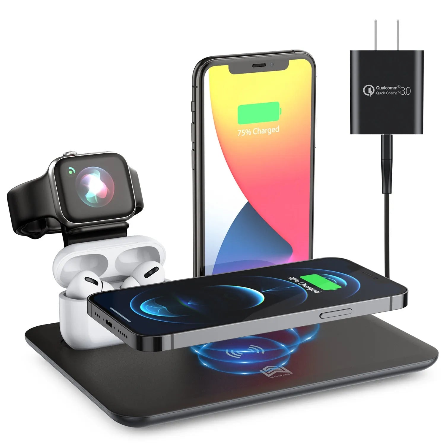 Black and white desktop wireless charging station for phone, watch, and headphones showing 175mm width.