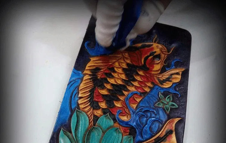 Men's carved leather short wallet in red, blue, or gold with open style design
