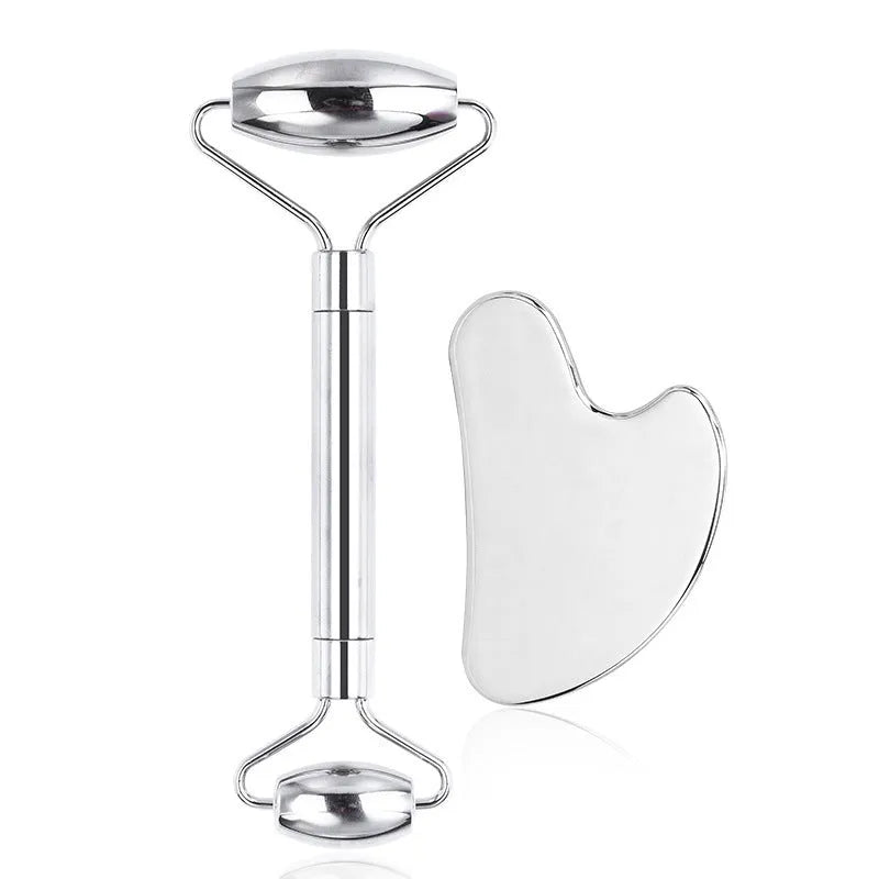 Stainless steel facial massage board set with double-headed roller and heart-shaped eye tool