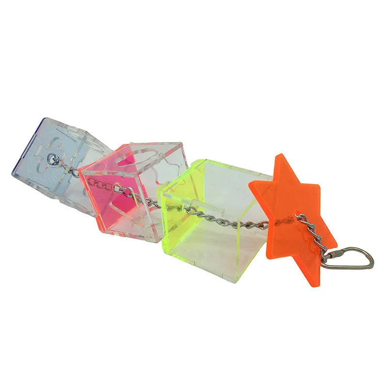 Clear acrylic parrot foraging toy measuring 5x5x32cm for bird enrichment with fruit and nuts