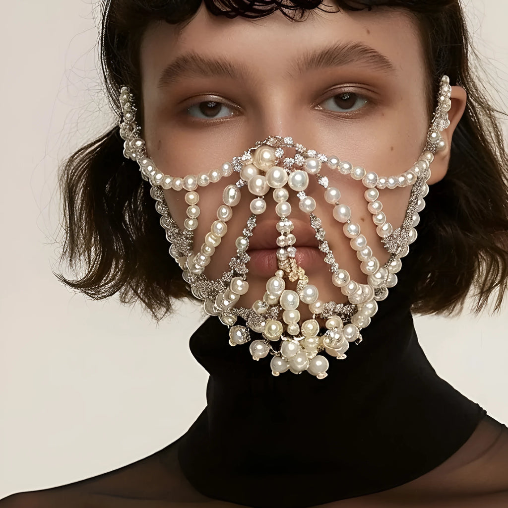 Geometric alloy face mask with rhinestone decoration in silver or gold finish