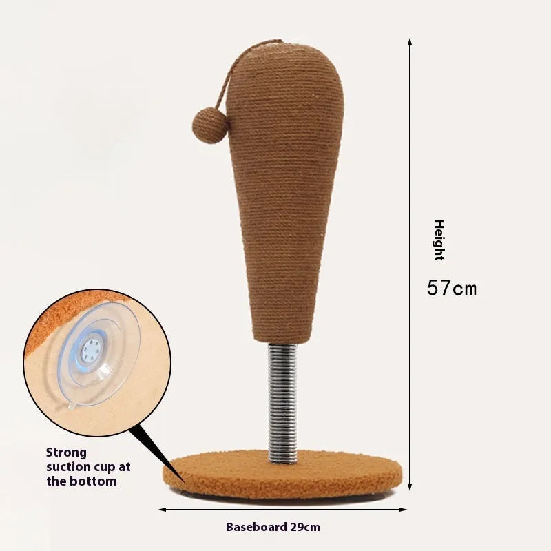 Hemp rope cat scratching post with feeding ball attachment in large and small sizes