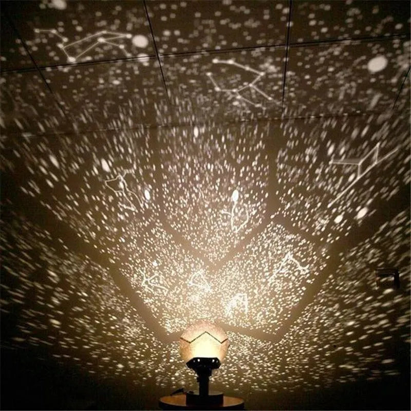 LED starry sky projector night light showing constellation projection on a bedroom ceiling