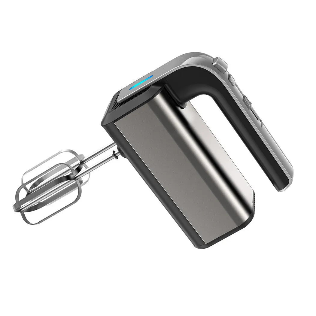 Silver handheld mini electric mixer with stainless steel beaters on a 5-speed dial.