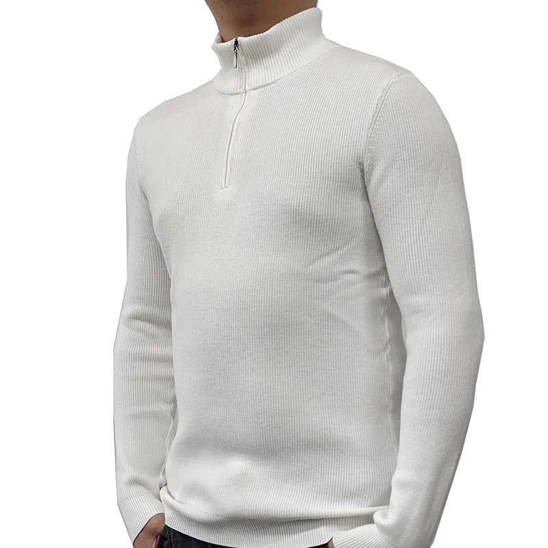 Men's black half-turtleneck zip-front sweater, a casual cotton blend pullover with long sleeves.