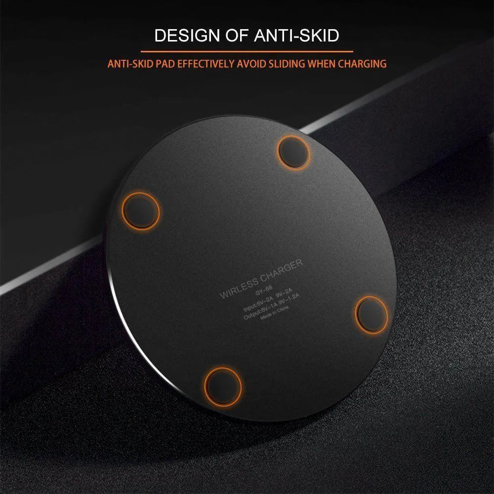 Ultra-thin black QI wireless fast charger with dimensions 98x98x6.5mm showing charging surface and USB port
