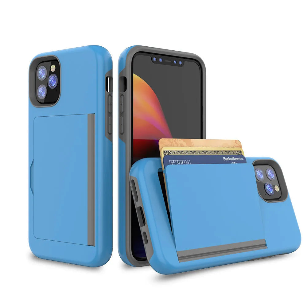 Simple solid colour TPU and PC back cover case for iPhone 11 models in black, red, pink, blue, dark blue, and purple.