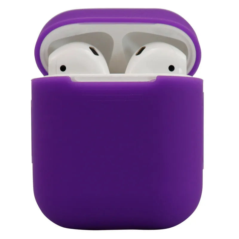Silicone protective case for AirPods 2 wireless earbuds in assorted colours on a white background.
