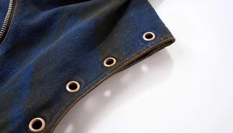 Blue Korean style hooded denim vest coat with matching trousers, front zipper closure