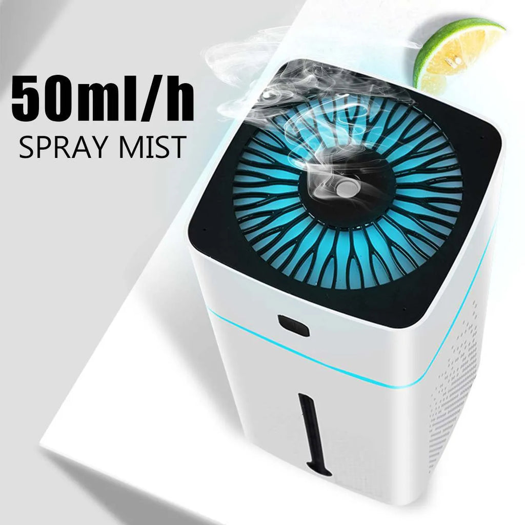 Black or white desktop humidifier measuring 103mm by 103mm by 218mm with USB cable