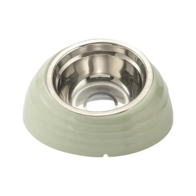 Stainless steel cat bowl on plastic base in light green, brown, or beige colour options