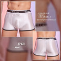 Men's silky nylon boxers in black, white, and sapphire blue colours on a white background.