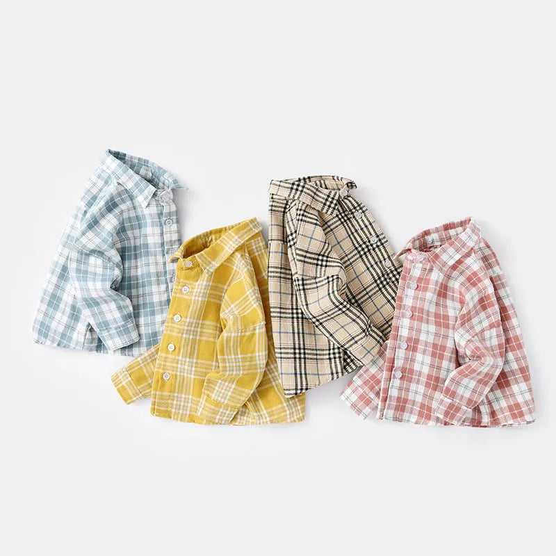 Boys' cotton button-up shirt with lattice pattern and animal print in light blue