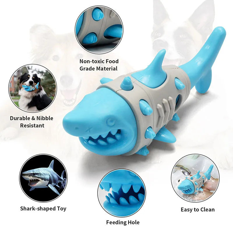 Shark-tooth mimicry dog teething toy in blue, grey, or yellow with textured surfaces