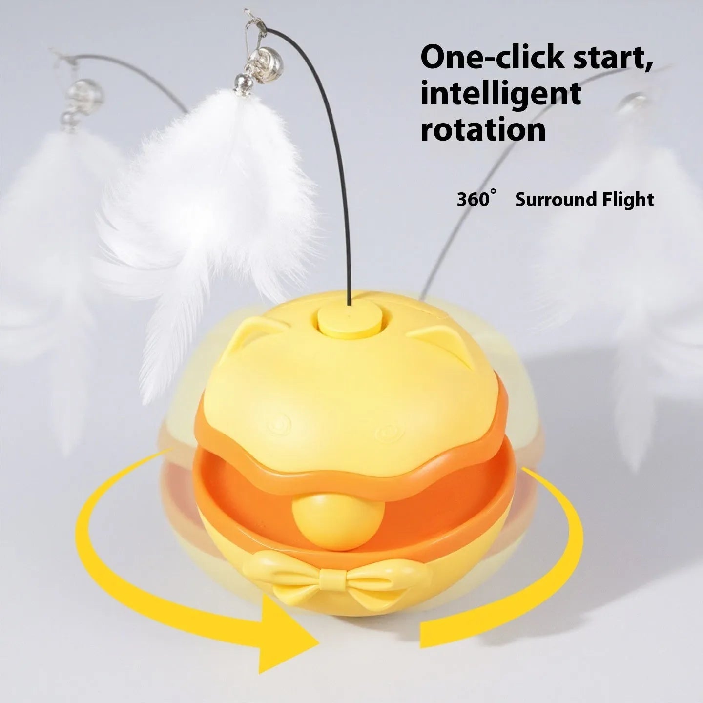 Electric tumbler-style cat teaser stick in lemon yellow, rolling on a floor.