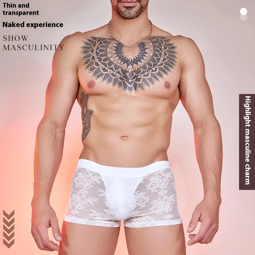 A pair of men's black lace boxer shorts made from nylon fabric.