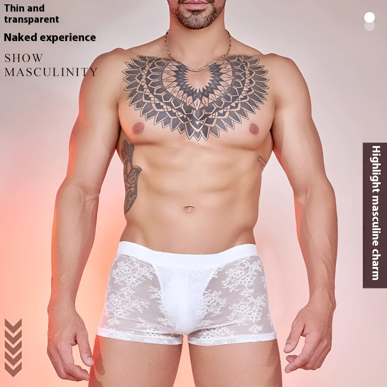 A pair of men's black lace boxer shorts made from nylon fabric.