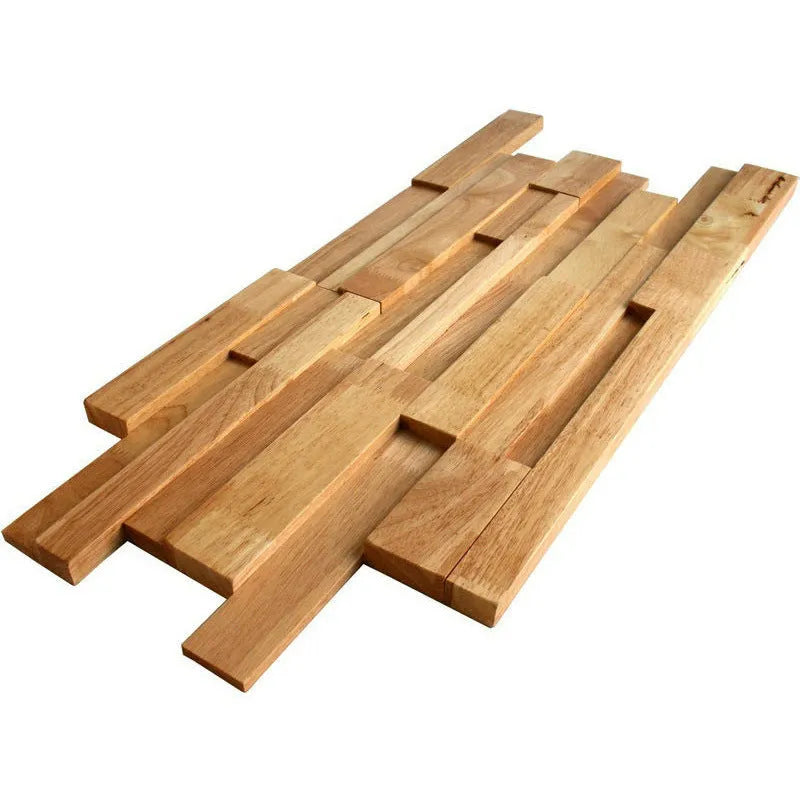 Retro 3D solid wood mosaic wall panel in 300x300mm and 300x600mm sizes with square and rectangular pieces
