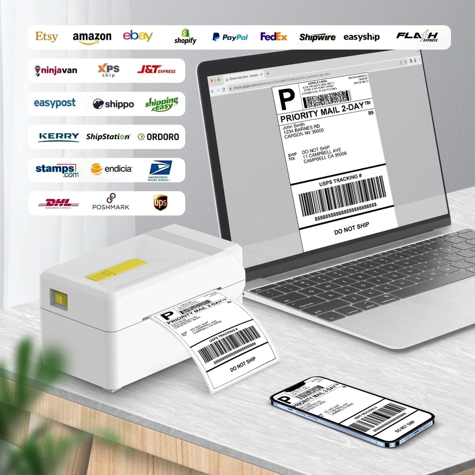 FlashLabel Thermal Express Face Single Machine label printer in black and white models