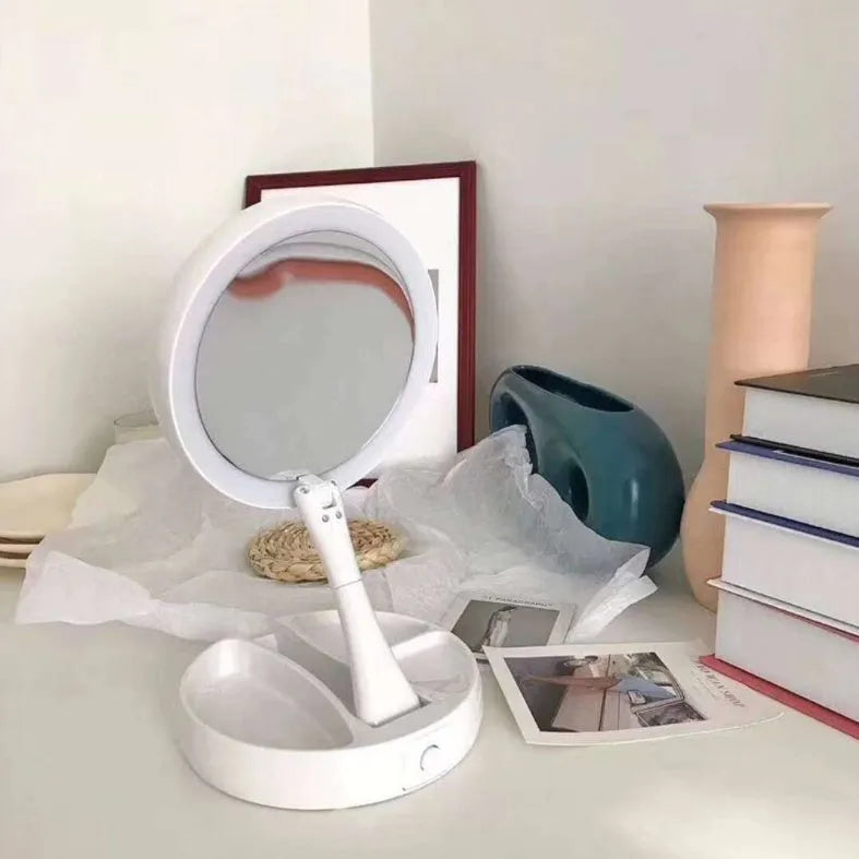 White acrylic LED vanity mirror with USB port and foldable storage compartments