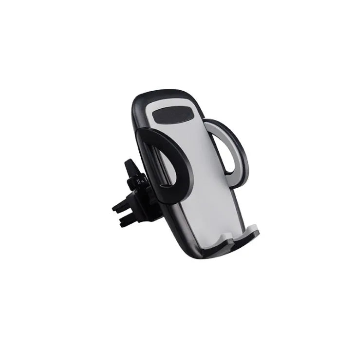 Black plastic car air conditioning vent mobile phone holder showing adjustable clamp for universal device mounting.