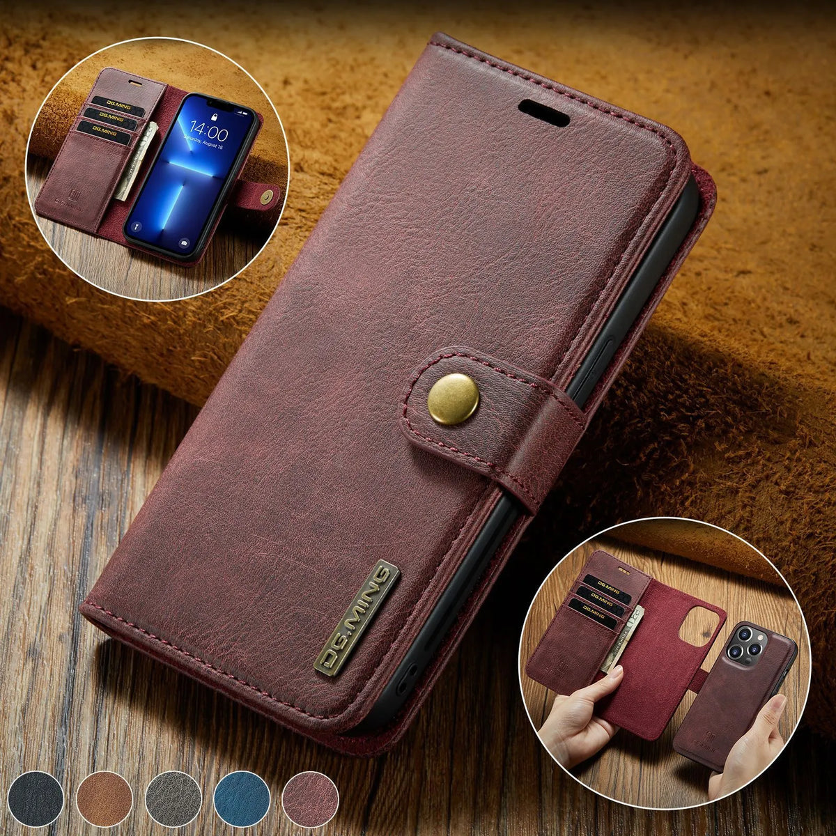 Split PU leather wallet iPhone case with card slots, detachable bottom shell, black brown grey red blue