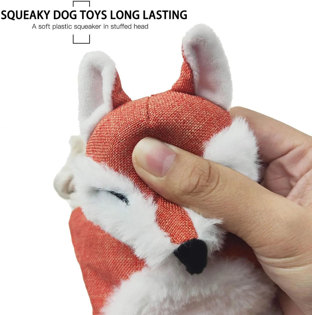 Brown plush fox dog toy with cotton rope limbs, embroidered eyes, and a squeaker in the head.