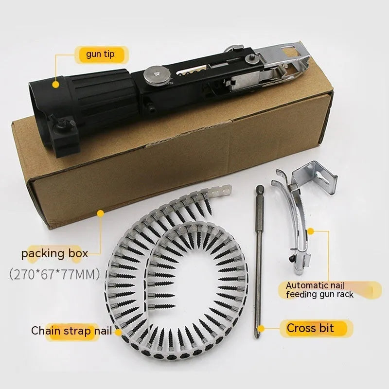 Metal chain screw gun head attachment for electric screwdrivers with storage rack and accessories