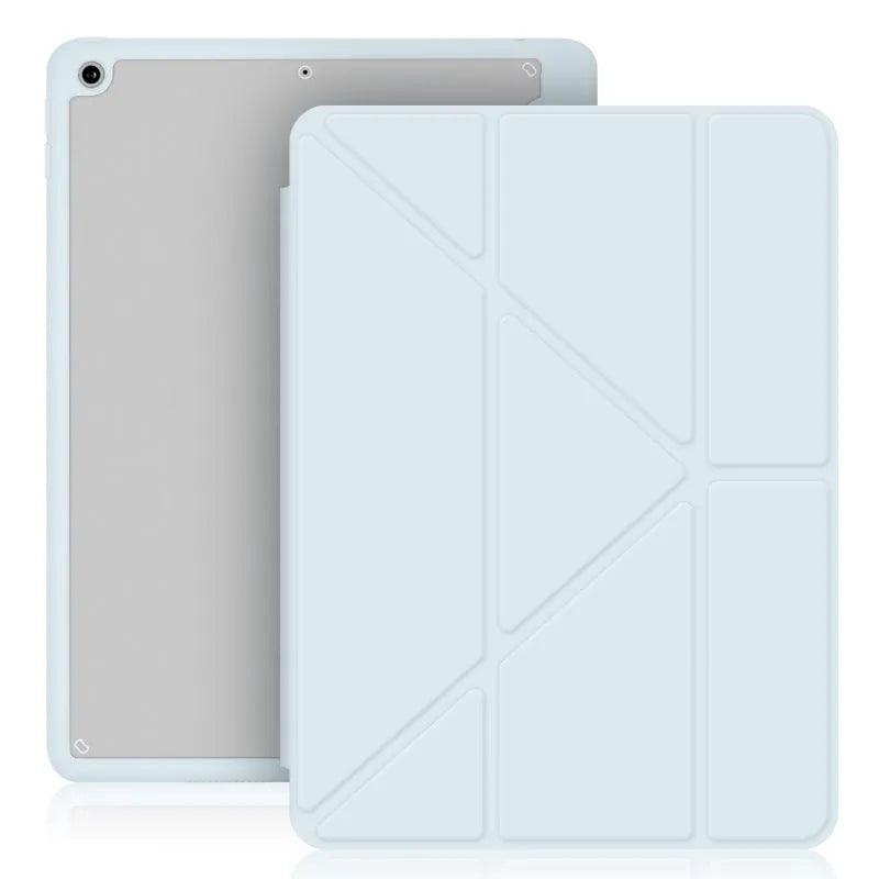 Acrylic folding iPad case showing Y-deformation design, pen slot, and imitation leather construction