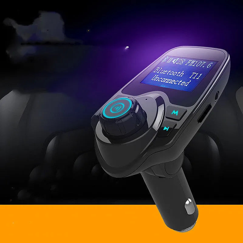 Black G7 Bluetooth car FM transmitter and hands-free kit plugged into a car dashboard