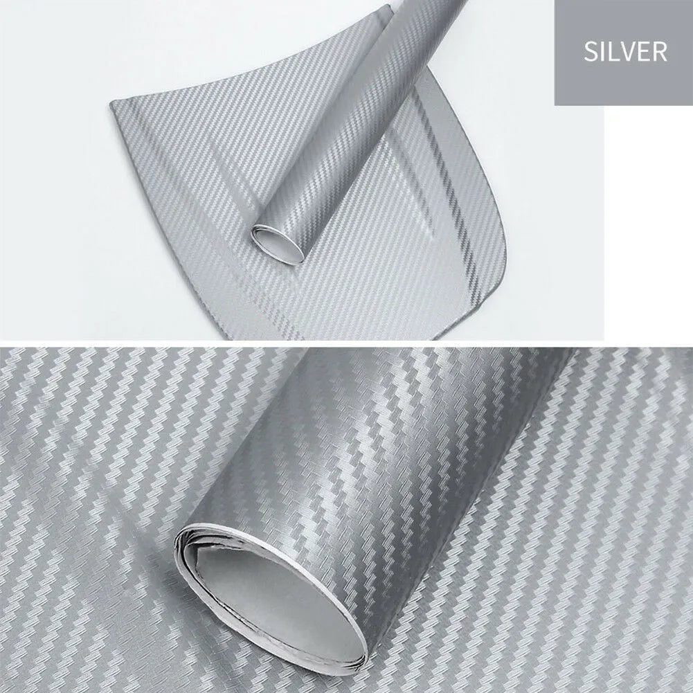 Roll of 3D carbon fibre car sticker showing black, silver, blue, and yellow colour options