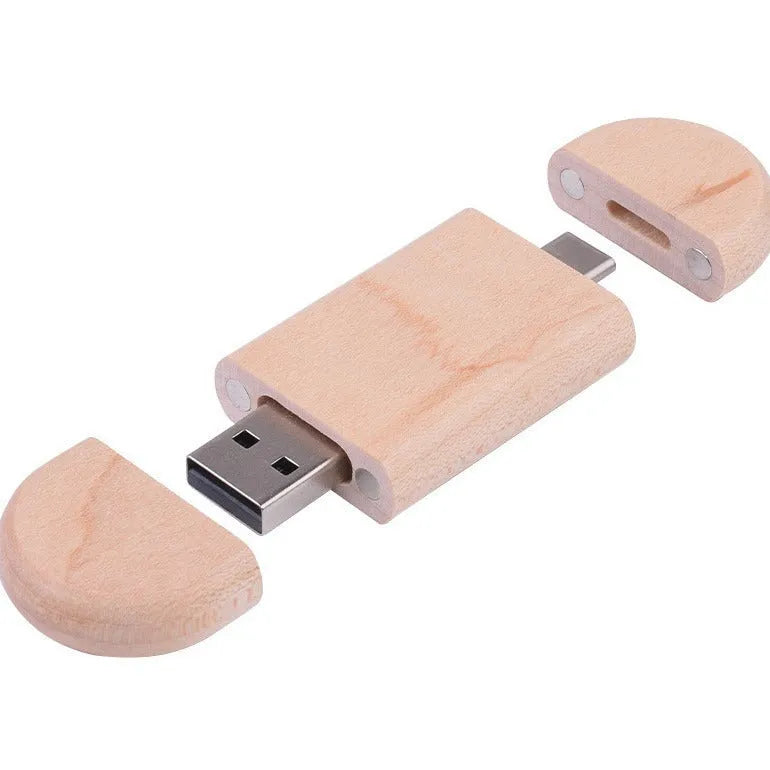 Maple wood USB flash drive with TYPE-C connector showing wooden construction and dual interfaces
