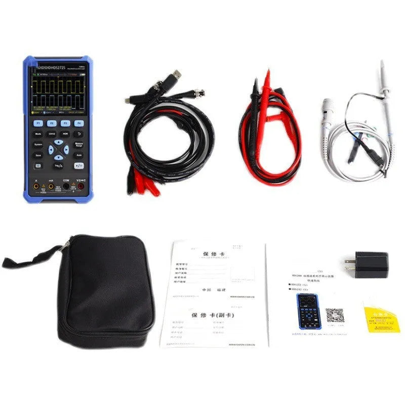 Owon HDS272 handheld digital oscilloscope with screen, probes, and accessories on a grey background.