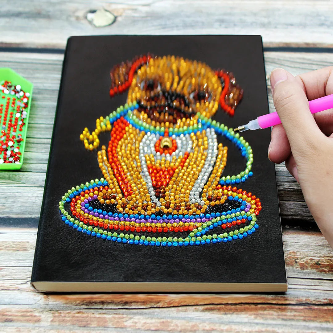 Black A5 diamond painting notebook with 50 pages, shown closed with dimensions 142mm by 207mm.